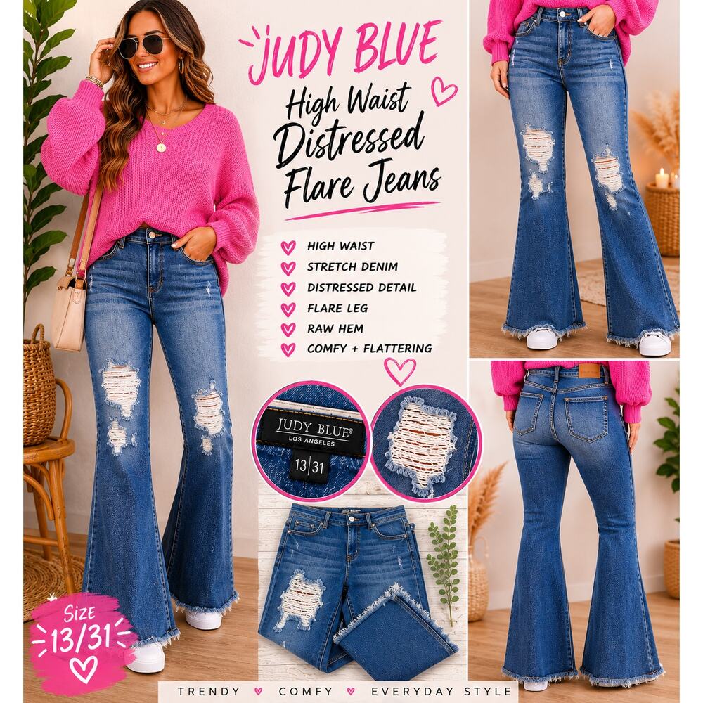 Judy Blue High Waist Distressed Flare Jeans Raw Hem 13/31